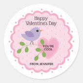 Prettig Valentijnsdag Roze Hart met Vogel Ronde Sticker (Voorkant)