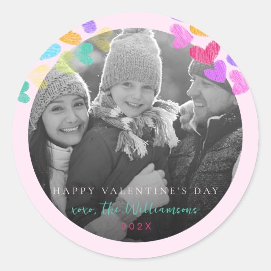 Prettig Valentijnsdag Zachte Roze Hartjes Foto Ronde Sticker (Voorkant)