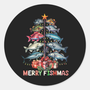 Prettig Visfeest Grappige Kerstboom Lichtjes Visse Ronde Sticker