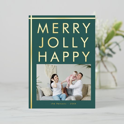 Prettig Vrolijk Gelukkig Familie Foto Kerst Goud Folie Feestdagenkaart (Staand Voorkant)