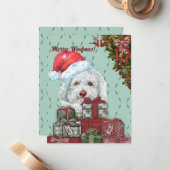 Prettig Woefmas! Witte Poodle Kerstman Hoed Kerstm Notitiekaartje (Voorkant / Achterkant in situ)