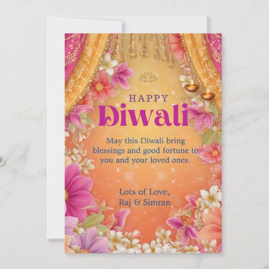 Prettige Diwali Groet Roze Geel Paarse Bloemen Kaart (Voorkant)