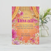 Prettige Diwali Groet Roze Geel Paarse Bloemen Kaart (Staand voorkant)
