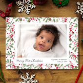 Prettige eerste kerstfoto's, bessen en groen feestdagenkaart