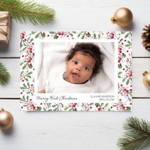 Prettige eerste kerstfoto's, bessen en groen feestdagenkaart