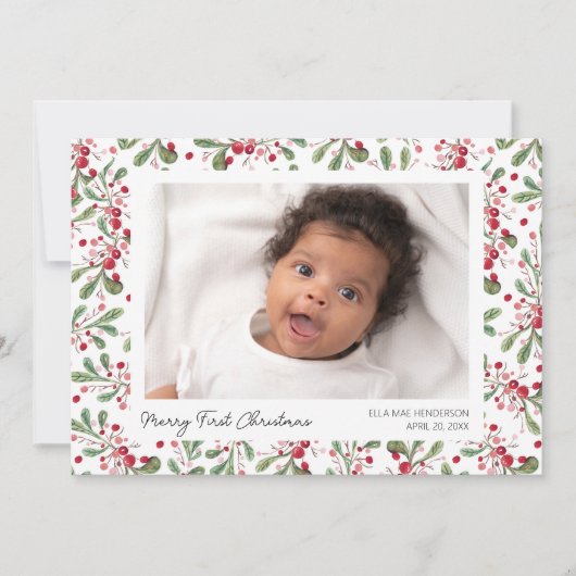 Prettige eerste kerstfoto's, bessen en groen feestdagenkaart (Voorkant)