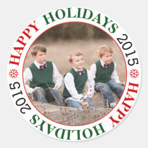 Prettige feestdagen 2015 rood, groen Kerstmis foto Ronde Sticker