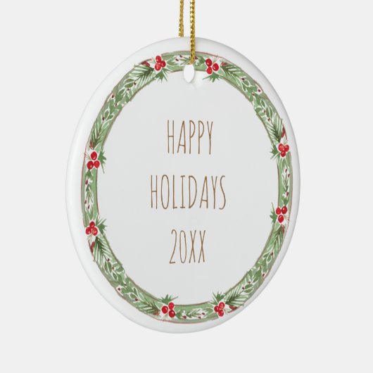 Prettige feestdagen 20XX Familienaam Krans Bessen Keramisch Ornament (Rechts)