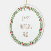 Prettige feestdagen 20XX Familienaam Krans Bessen Keramisch Ornament (Links)