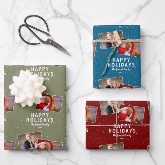 Prettige feestdagen 2 Foto Collage Snowflakes Inpakpapier Vel (Voorkant)