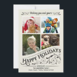 Prettige feestdagen 4-Photo Flat Card Feestdagenkaart<br><div class="desc">Frosted window pane Christmas Holiday vlakke wenskaarten met vier fotolijsten. Leuke en feestelijke retro stijl omgekeerde krijtbord stijl op elegante crème witte achtergrond met fancy hulst rollen en rustieke oude-mode typografische kalligrafie werveling belettering. Klik op Aanpassen om het binnenste lijst aan te passen voor foto's met verschillende afmetingen of oneven...</div>