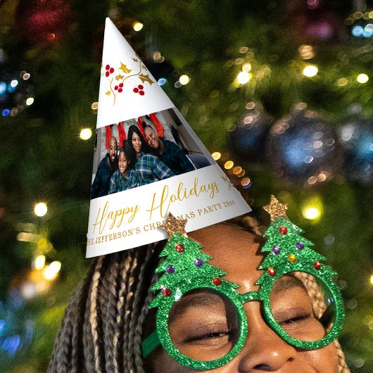 Prettige feestdagen 5 foto's Holly en bessen wit Feesthoedjes