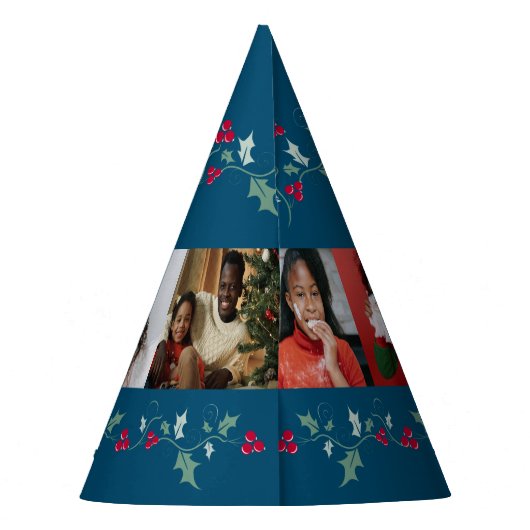 Prettige feestdagen 5 foto's hulst en bessen blauw feesthoedjes (Achterkant)