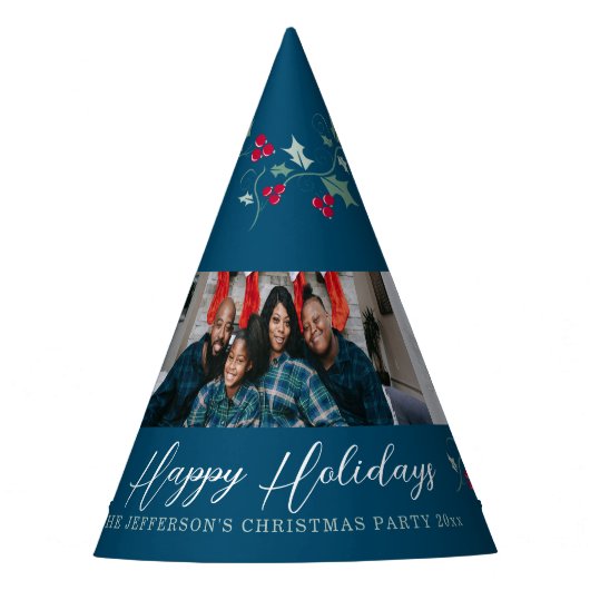 Prettige feestdagen 5 foto's hulst en bessen blauw feesthoedjes (Voorkant)