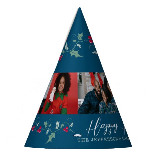 Prettige feestdagen 5 foto's hulst en bessen blauw feesthoedjes (Links)