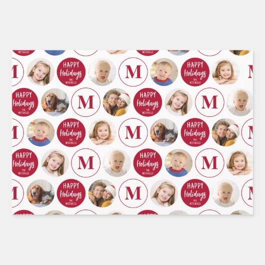 Prettige feestdagen 6 foto's Monogram Rood Wit Inpakpapier Vel (Voorkant 3)