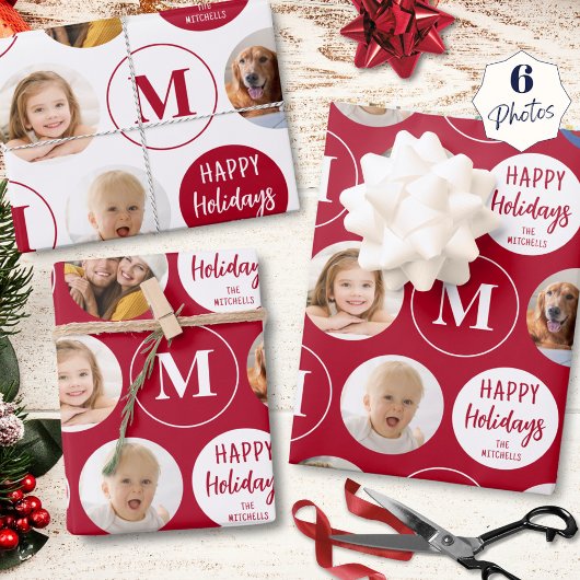 Prettige feestdagen 6 foto's Monogram Rood Wit Inpakpapier Vel
