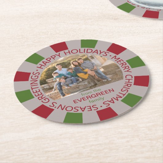 Prettige feestdagen aangepaste foto & naam onderze ronde kartonnen onderzetter (Gebogen)