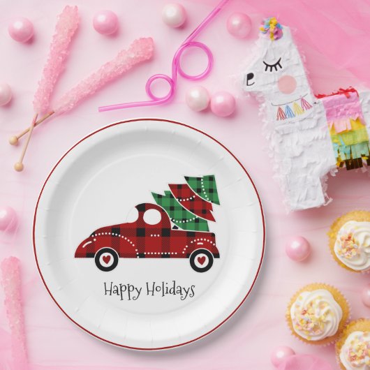 prettige feestdagen Antiek Red Truck Papieren Bordje (Feest)