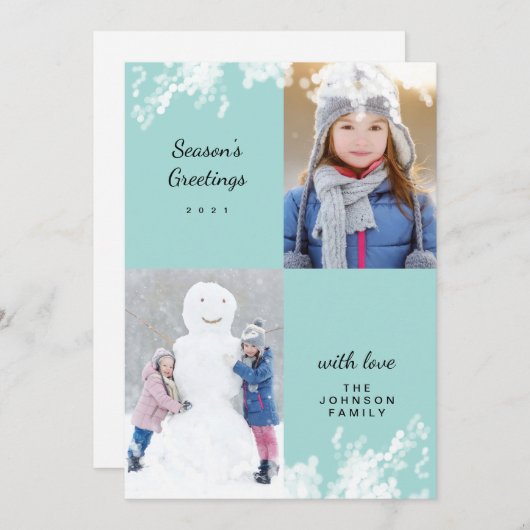 prettige feestdagen Aqua Snowy Minimale Familie Fo Feestdagenkaart (Voorkant / Achterkant)