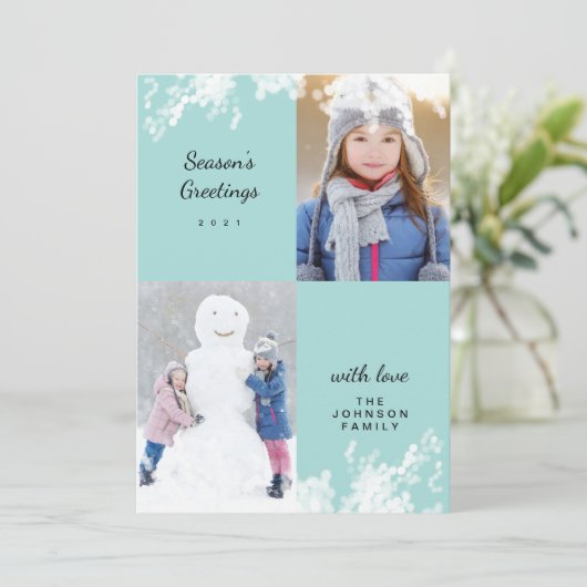 prettige feestdagen Aqua Snowy Minimale Familie Fo Feestdagenkaart (Staand voorkant)