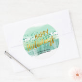Prettige feestdagen Artsy Groene Waterverf Goud Ronde Sticker (Envelop)
