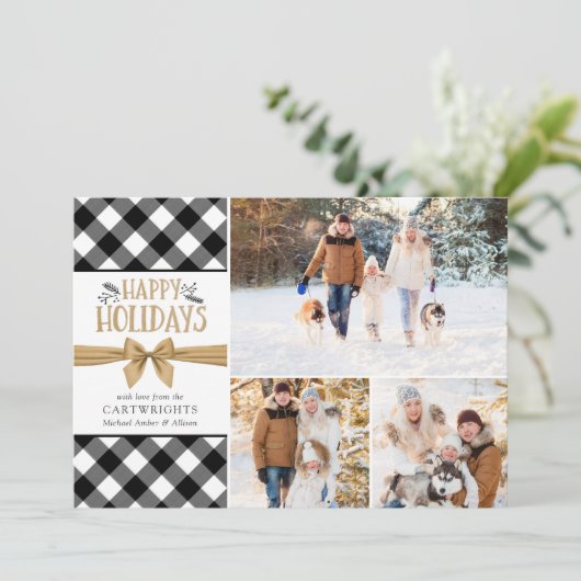 Prettige feestdagen B&W geruite Buffalo Gold Brown Feestdagenkaart (Staand voorkant)