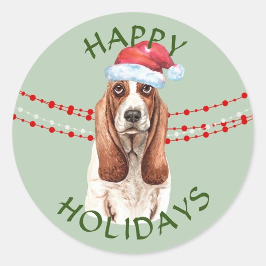 Prettige feestdagen Basset Hound Santa Hat Ronde Sticker (Voorkant)