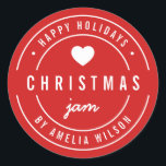 PRETTIGE FEESTDAGEN BEWERKBARE Kleur Christmas Jam Ronde Sticker<br><div class="desc">Prettige feestdagen Rond Modern Bold "Christmas Jam" sticker met een hart en dubbele rand in wit tegen een achtergrondkleur die bewerkbaar is (klik op Aanpassen en achtergrondkleur wijzigen). Het is perfect voor het labelen van wat je hebt gemaakt. Personaliseer het door de tekst van de tijdelijke aanduiding te vervangen. Voor...</div>
