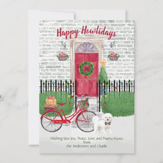 Prettige Feestdagen Bichon Frise Fiets Rode Deur (Voorkant)