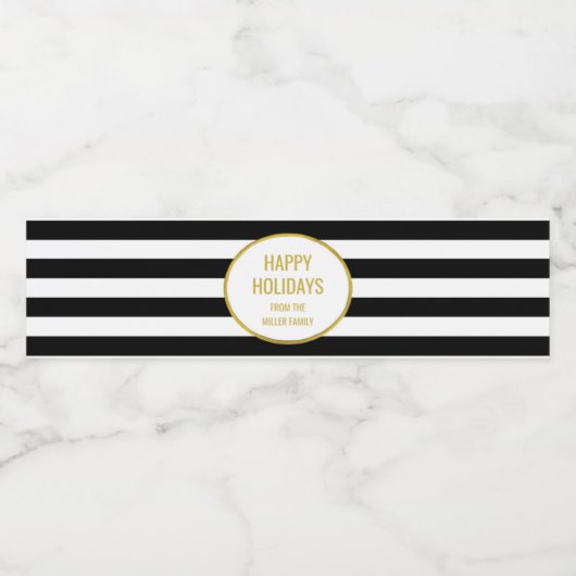 Prettige feestdagen Black Stripes Gold Waterfles Etiket (Enkel label)