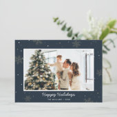 Prettige feestdagen Blauw Familie Foto Snowflake Feestdagenkaart (Staand voorkant)