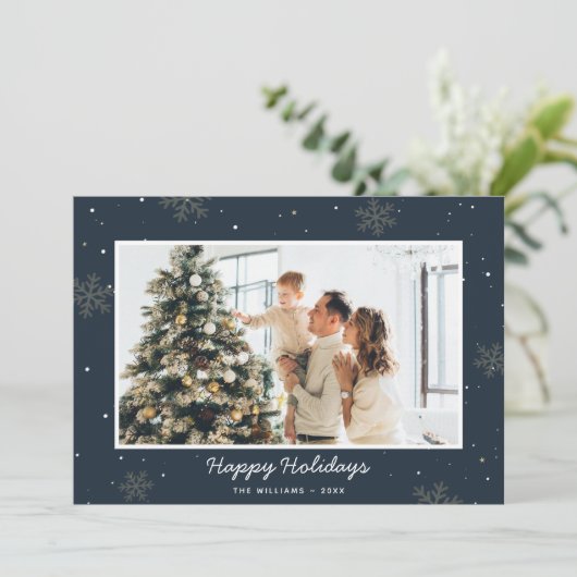 Prettige feestdagen Blauw Familie Foto Snowflake Feestdagenkaart (Staand voorkant)