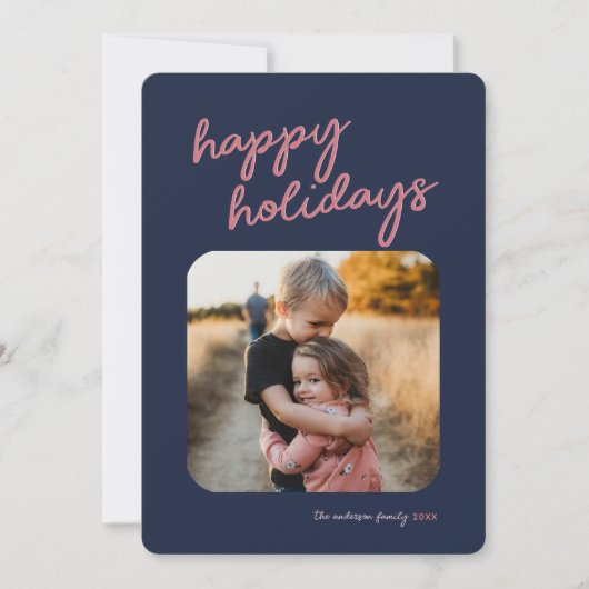 Prettige feestdagen Blauw Roze Plaid 1-Photo Feestdagenkaart (Voorkant)