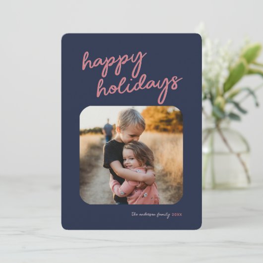 Prettige feestdagen Blauw Roze Plaid 1-Photo Feestdagenkaart (Staand voorkant)