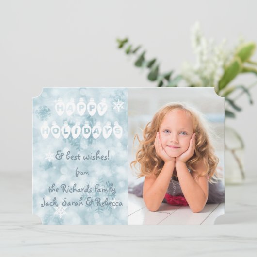 Prettige feestdagen Blauwe Bokeh Fotosjabloon Kers Feestdagenkaart (Staand voorkant)