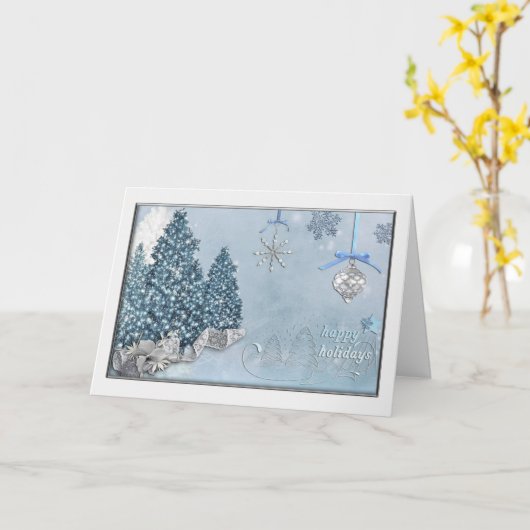 Prettige Feestdagen Blauwe Bomen Elegante Kerstmis Kaart (Gele Bloem)