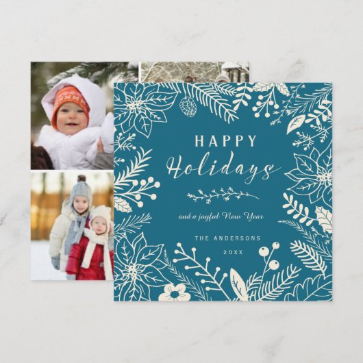 prettige feestdagen BLAUWE BOTANISCHE SQUARE FOTO  Feestdagenkaart (Voorkant / Achterkant)