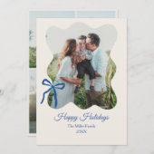 Prettige feestdagen Blauwe Bow Coquette 4-Foto Feestdagenkaart (Voorkant / Achterkant)