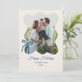 Prettige feestdagen Blauwe Bow Coquette 4-Foto Feestdagenkaart (Staand voorkant)