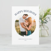 Prettige feestdagen Blauwe Familiefoto Moderne Ker Feestdagenkaart (Staand voorkant)