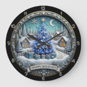 Prettige feestdagen Blauwe Kerstboom Dorp Grote Klok (Voorkant)