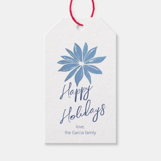 Prettige feestdagen Blauwe poinsettia minimaal tra Cadeaulabel (Voorkant)