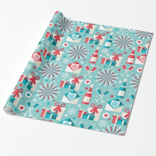 prettige feestdagen Blauwgroen blauw en rood Patro Cadeaupapier (Uitgerold)