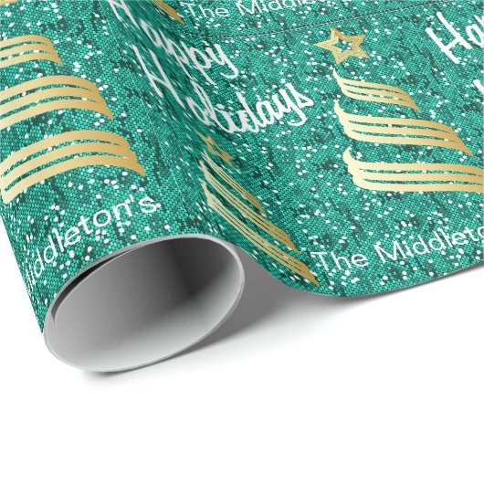 prettige feestdagen Blauwgroen Confetti en goud |  Cadeaupapier (Rol Hoek)