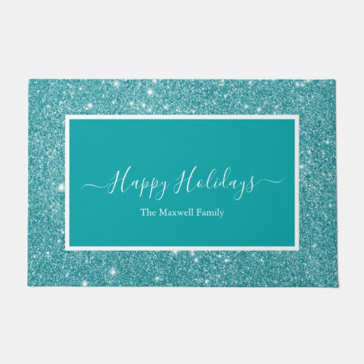 Prettige feestdagen blauwgroen glitter script fami deurmat (Voorkant)