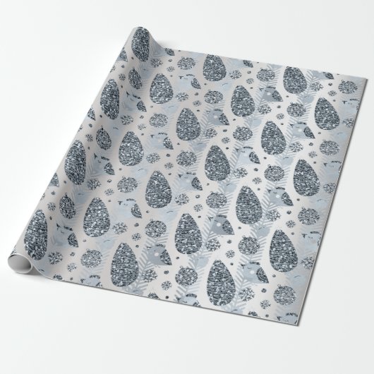 prettige feestdagen Blue Silver Glitter-kerstbal Cadeaupapier (Uitgerold)