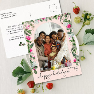 Prettige feestdagen Blush Roze Bessen Groen Arch Briefkaart