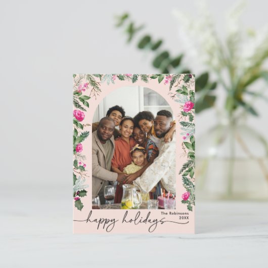 Prettige feestdagen Blush Roze Bessen Groen Arch Briefkaart (Staand voorkant)