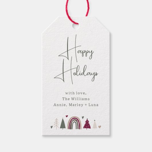 Prettige feestdagen Boho Rainbow en Hearts Cadeaulabel (Voorkant)